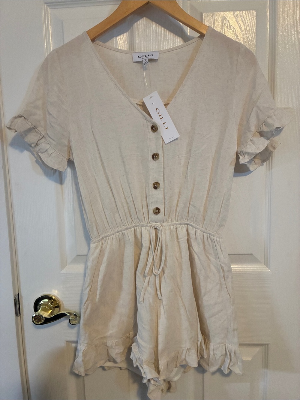 Gilli Cream V-Neck Button Front Linen Romper